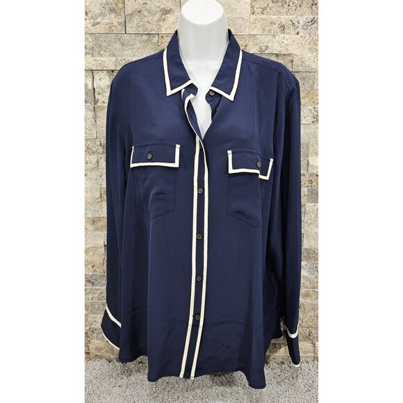 J.CREW Tops - RARE 100% silk J.Crew Classic Fit Button Up Shirt Womens 18 Navy Blue White Trim